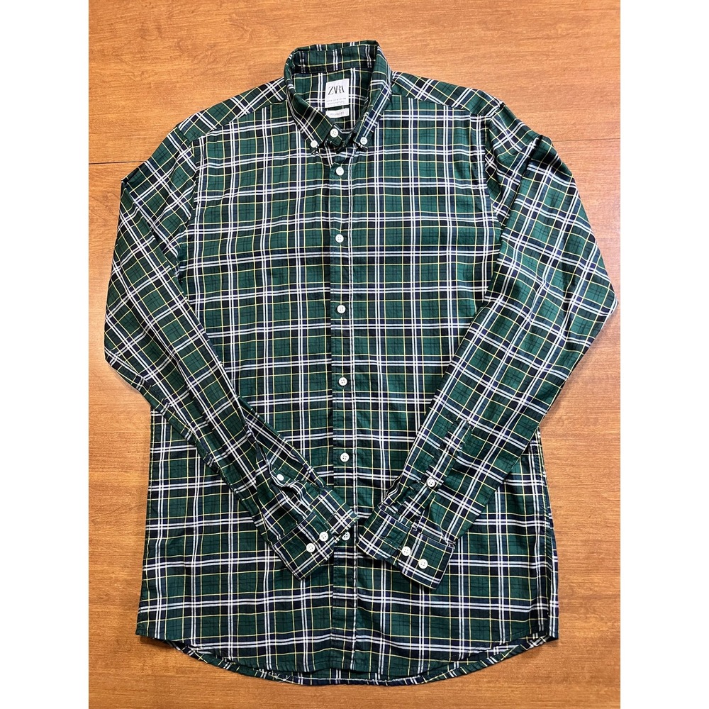 Zara Men's Medium Plaid Button Down Shirt Relaxed Fit Green White Casual Preppy